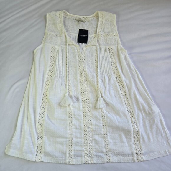 LUCKY BRAND Women's Sleeveless Sheer Top Crochet Accent Shirt Sz: M White - Picture 4 of 10